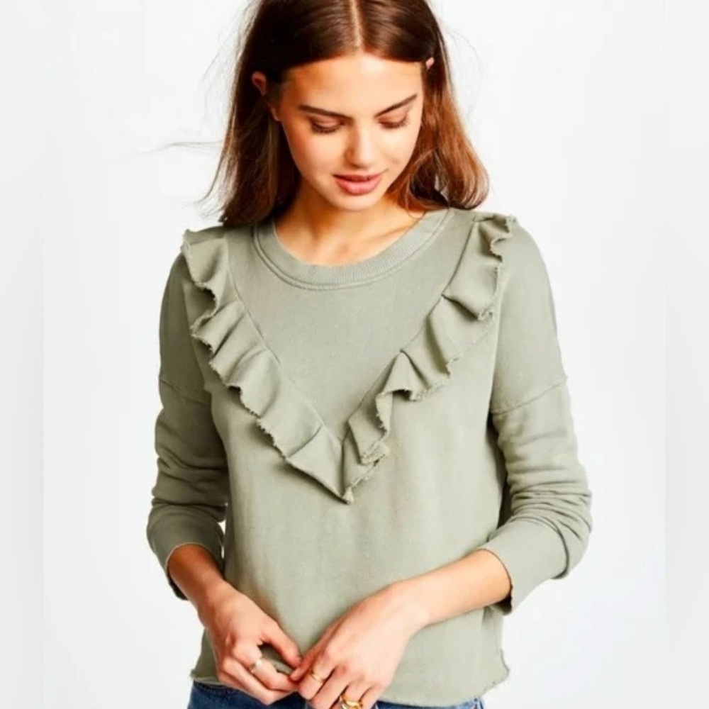 Free People Olive Sage Ruffle V-Neck Crew Sweatshirt